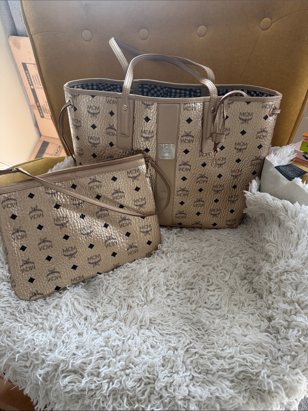 Gold MCM tote & pouch